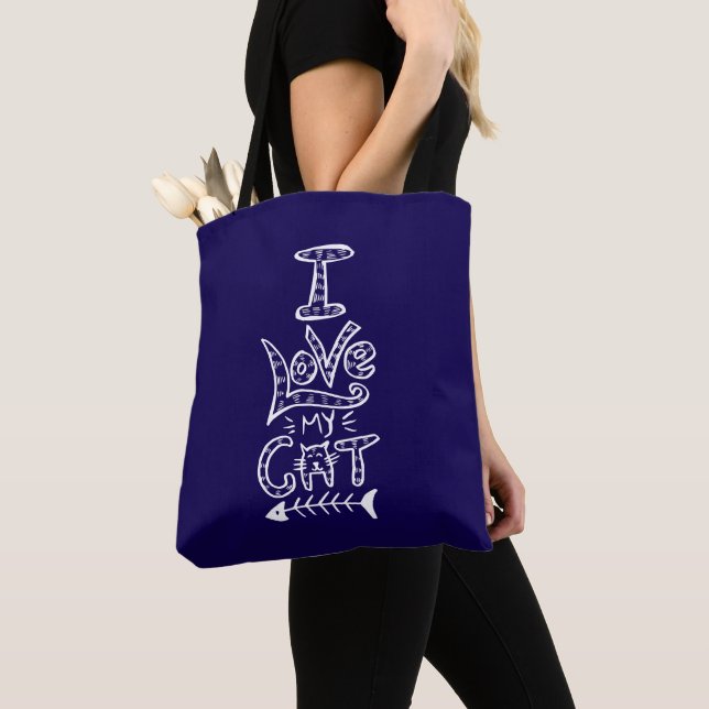 I Love My Cat Deep Blue Cat Mom Cat Lover Tote Bag (Close Up)