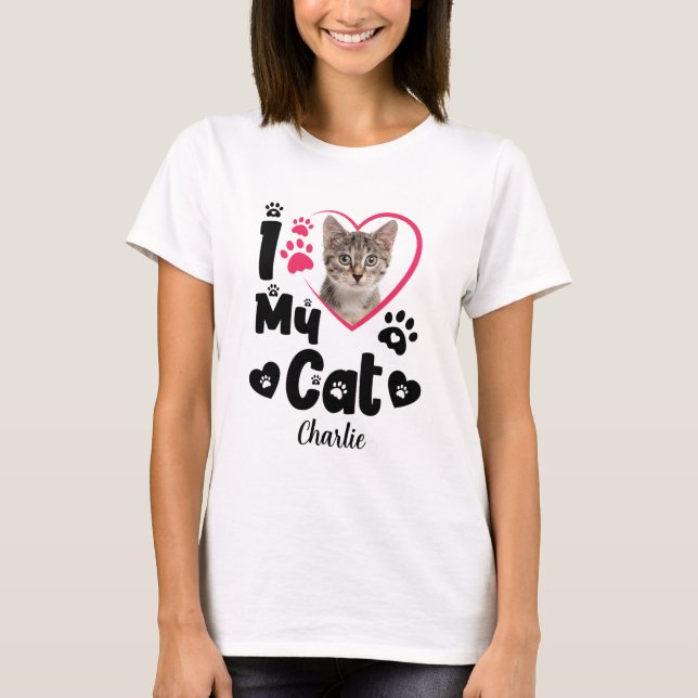 I Love My Cat Heart Personalised Photo & Name T-Shirt (Front)