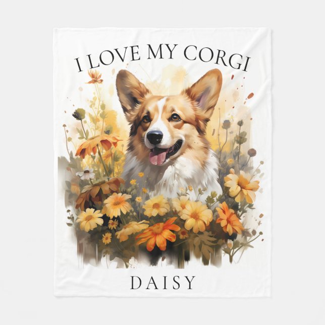 I Love My Corgi Floral Dog Portrait Fleece Blanket (Front)