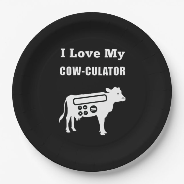 I Love My Cow-culator Funny Math Calculator Pun Paper Plate (Front)