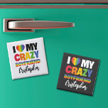 I love my crazy boyfriend rainbow pride lgbtq name magnet<br><div class="desc">This customisable LGBTQ Pride fridge magnet, which reads "I Love My Crazy Boyfriend" in a bold font of rainbow colours, is a great way to celebrate love. For a special touch, put your boyfriend's name to make it more personalised. This magnet is fully customisable and a great way to express...</div>