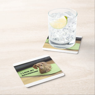 I Love My Cream Dachshund with picture Square Paper Coaster