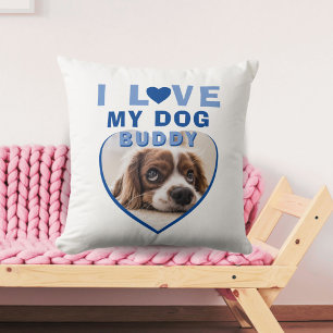 I love my Dog Blue Heart Photo Pet Name Cushion