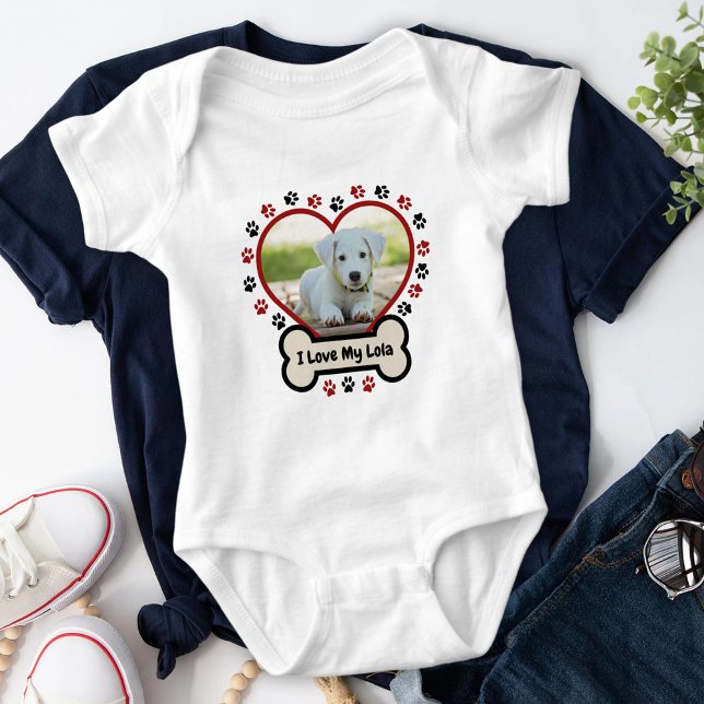 I Love My Dog Cute Red Heart Photo Beige Bone Paws Baby Bodysuit (Creator Uploaded)