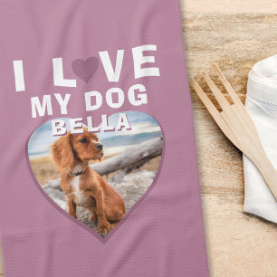 I love my Dog Pink Heart Pet Name Photo Tea Towel