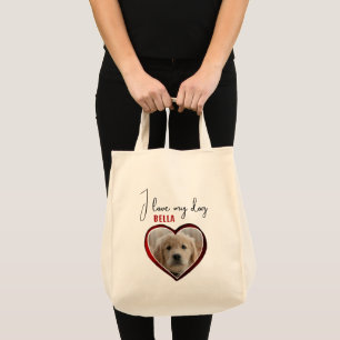 I love my Dog Red Heart Pet Photo Name Tote Bag