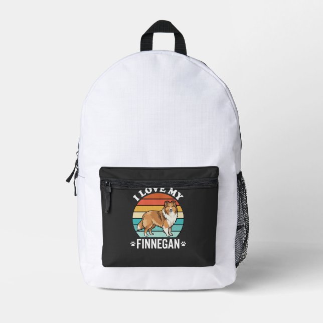 I Love My Finnegan Sheltie Retro Sunset Printed Backpack (Front)