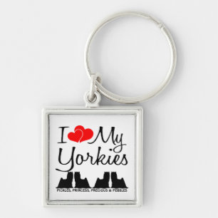 I Love My Four Yorkies Custom Keychain