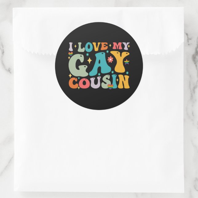 I Love My Gay Cousin Groovy Rainbow LGBT Pride Classic Round Sticker (Bag)