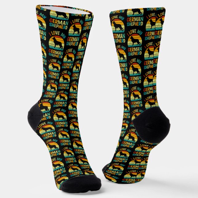 I Love My German Shepherd Dog Blue Brown Sunset  Socks (Angled)