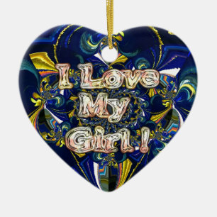 I Love My Girl: Abstract Blue & Golden Fractal Art Ceramic Tree Decoration