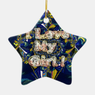 I Love My Girl: Abstract Blue & Golden Fractal Art Ceramic Tree Decoration