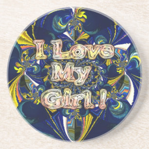 I Love My Girl: Abstract Blue & Golden Fractal Art Coaster