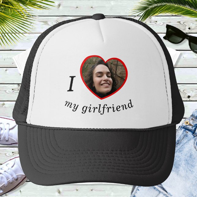 I Love My Girlfriend Boyfriend Custom Photo Text Trucker Hat (Creator Uploaded)