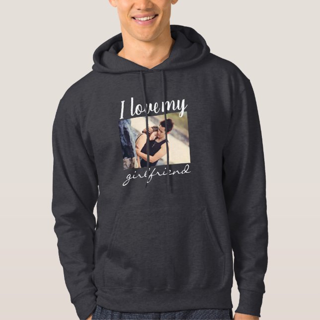 I love my girlfriend couples photo dark grey hoodie (Front)