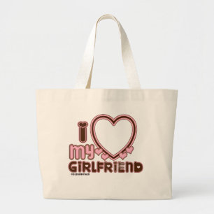 I Love My Girlfriend Custom Photo Heart Brown Pink Large Tote Bag