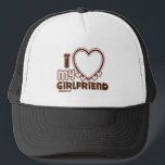 I Love My Girlfriend Custom Trucker Hat<br><div class="desc">cute and bubbly font that says " I Love My GIRLFRIEND" with a huge heart that allows you to insert your image,  in the colour black and light pink</div>