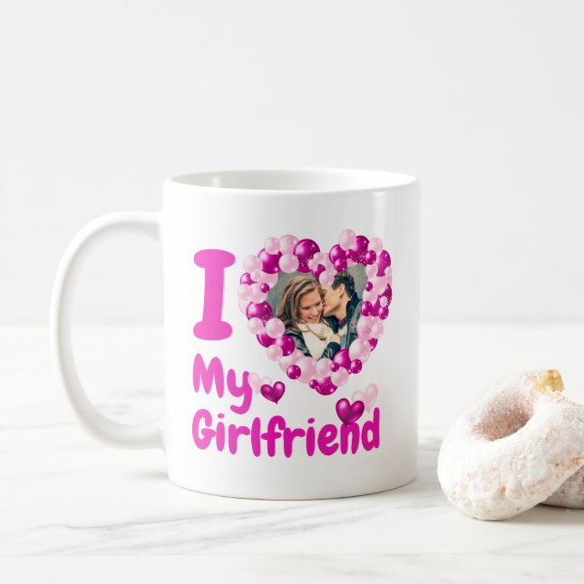 I Love My Girlfriend Hot Pink Custom Photo Coffee Mug (With Donut)