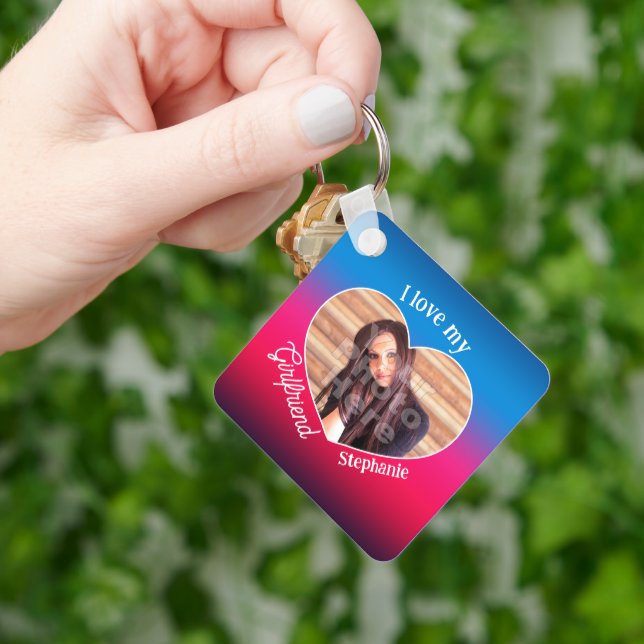I Love my Girlfriend Name Heart Shape Colour Photo Key Ring (Hand)