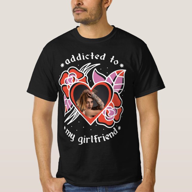 I Love My Girlfriend Photo Heart Custom Black T-Shirt (Front)