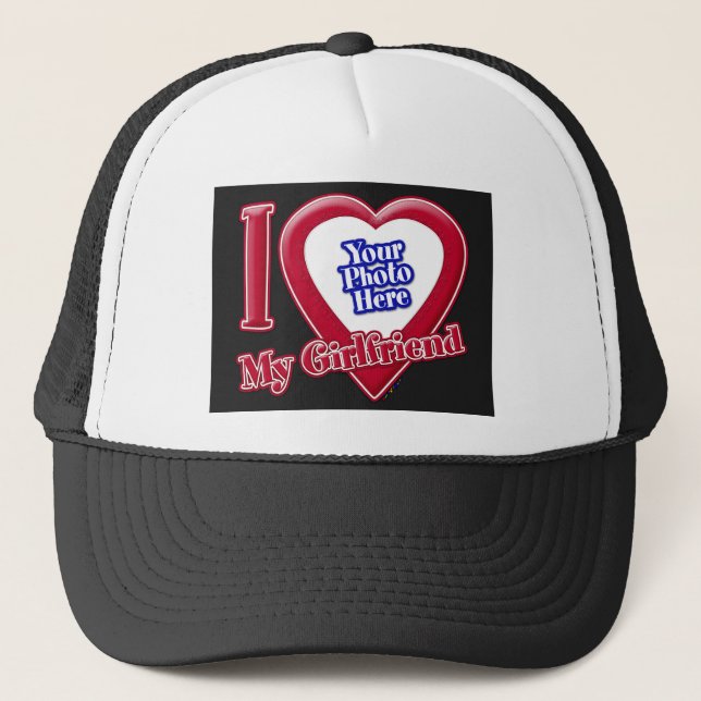 I Love My Girlfriend Photo Red Heart Black Trucker Hat (Front)