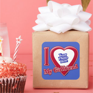 I Love My Girlfriend Photo Red Heart D R Blue Square Sticker