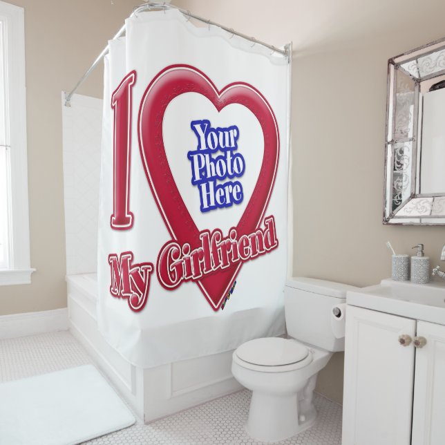 I Love My Girlfriend Photo Red Heart Shower Curtain (In Situ)