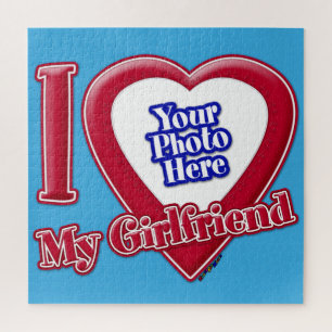 I Love My Girlfriend Photo Red Heart Teal Jigsaw Puzzle