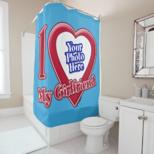 I Love My Girlfriend Photo Red Heart Teal Shower Curtain