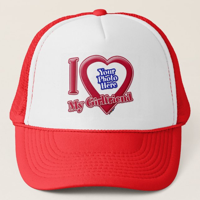 I Love My Girlfriend Photo Red Heart Trucker Hat (Front)