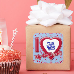 I Love My Girlfriend Photo Red Hearts Baby Blue Square Sticker
