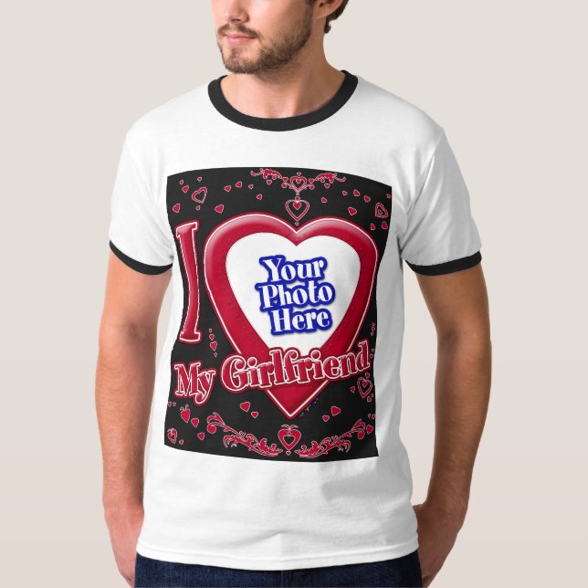 I Love My Girlfriend Photo Red Hearts Black T-Shirt (Front)