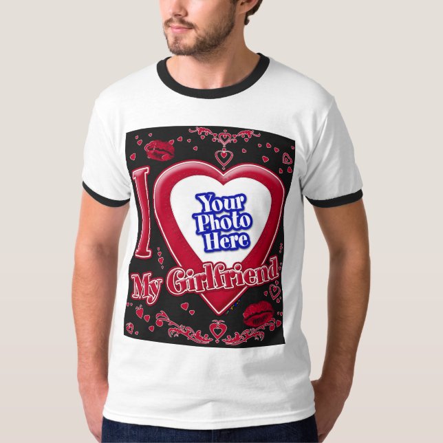 I Love My Girlfriend Photo Red Hearts Black T-Shirt (Front)