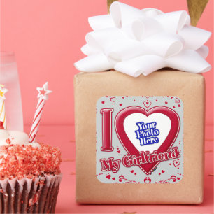 I Love My Girlfriend Photo Red Hearts Grey Square Sticker