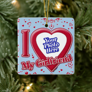 I Love My Girlfriend Photo Red Hearts Light Blue Ceramic Ornament