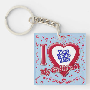 I Love My Girlfriend Photo Red Hearts Light Blue Key Ring