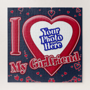 I Love My Girlfriend Photo Red Hearts Navy Jigsaw Puzzle