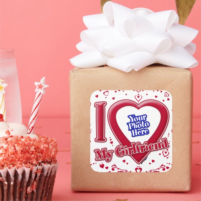 I Love My Girlfriend Photo Red Hearts Square Sticker (Party)