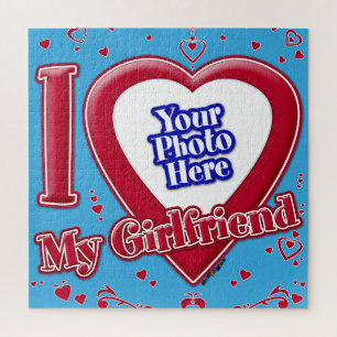 I Love My Girlfriend Photo Red Hearts Teal Jigsaw Puzzle