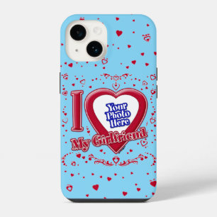 I Love My Girlfriend Photo Red Hearts Turquoise iPhone 14 Case