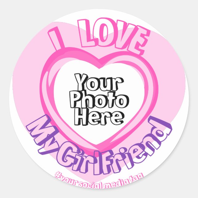 I love My Girlfriend Photo Valentines Pink Heart Classic Round Sticker (Front)