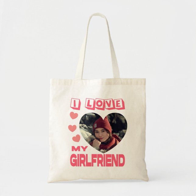I Love My Girlfriend Pink Heart Custom Photo  Tote Bag (Front)