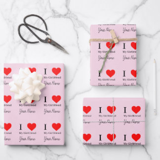 I love My Girlfriend & Red Heart Personalised Pink Wrapping Paper Sheet