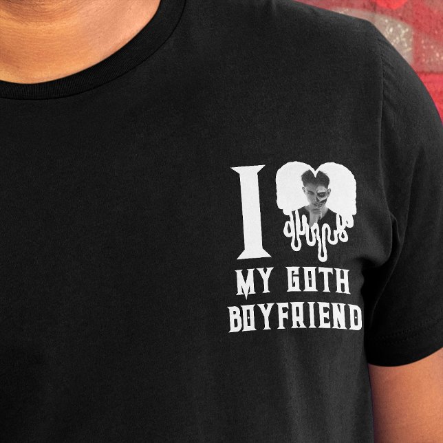 I Love My Goth Boyfriend White Heart Photo Crest  T-Shirt (Black t-shirt with photo of loved on in a dripping heart, and text says 'I heart my Goth Boyfriend')