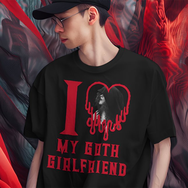 I Love My Goth Girlfriend Bleeding Red Heart Photo T-Shirt (Gothic t-shirt that says 'I ♥ my goth girlfriend' with a photo of your girlfriend in the heart.)
