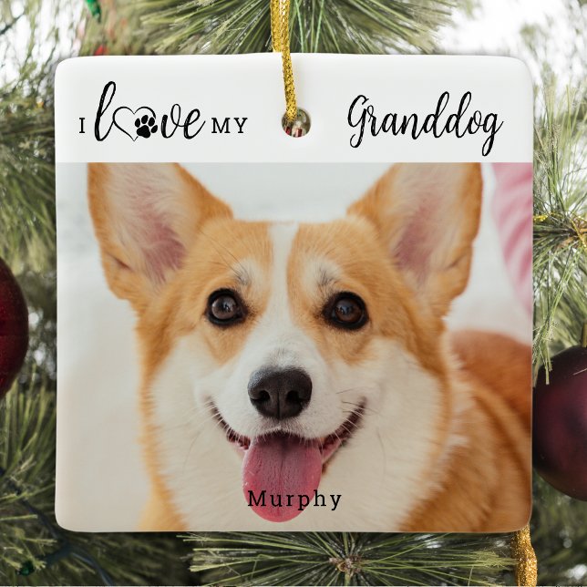 I Love My Granddog Personalized Cute Pet Dog Photo Ceramic Ornament (Creator Uploaded)