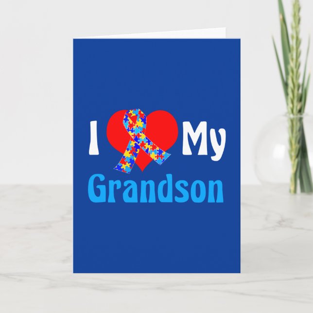I Love My Grandson Autism Grandparent Blue Ribbon Card (Front)
