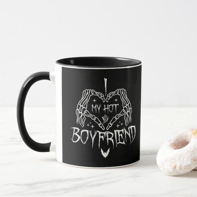 I Love My Hot Boyfriend Halloween Skeleton Funny Mug (With Donut)