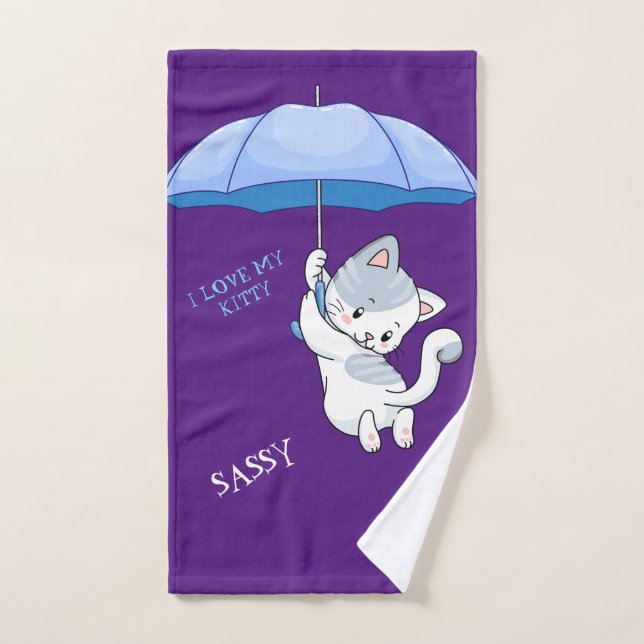 "I LOVE MY KITTY" kids hand towel with pets name. (Hand Towel)