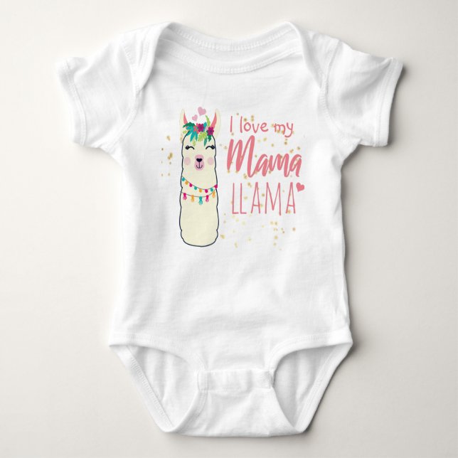 I Love My Mama Llama Cute Girls Pink Gold Shower Baby Bodysuit (Front)